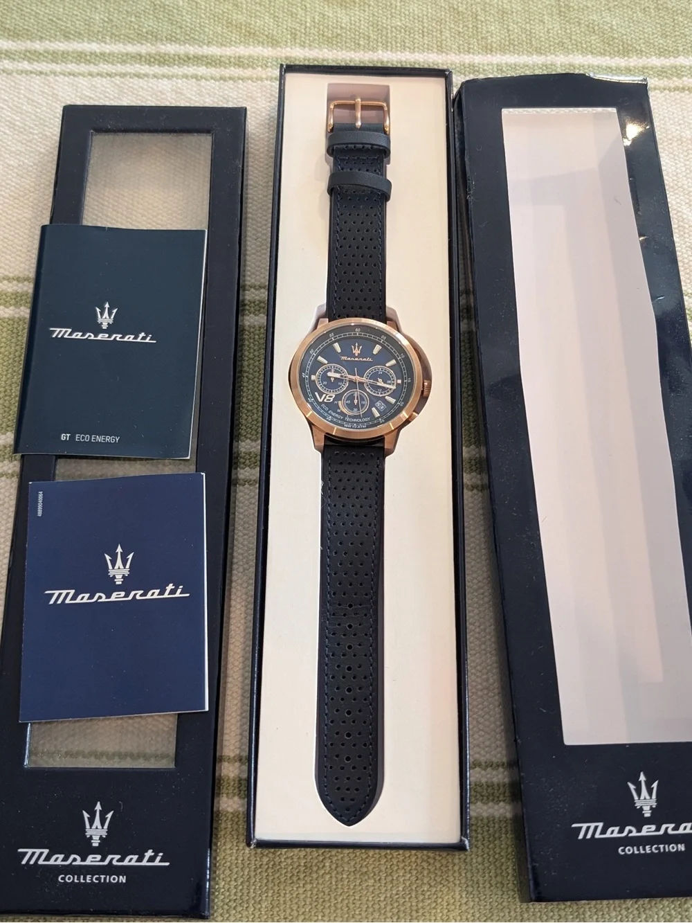 Black Strap Rose Gold Case Chronograph Watch